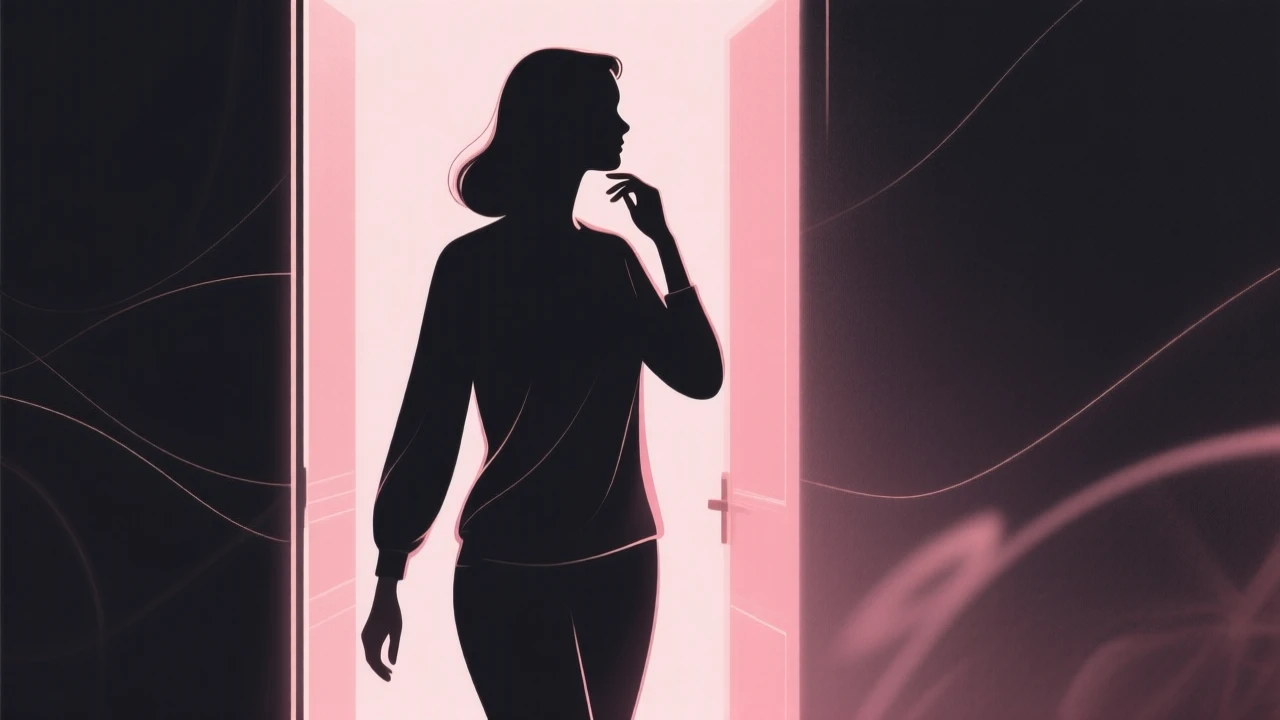女士步出光芒門扉，肌膚平滑透亮，象徵零恢復期即時回歸日常生活